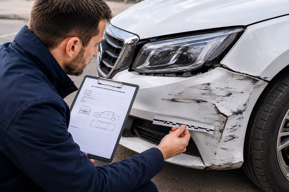Эксперт проводит осмотр автомобиля и замеры повреждений по акту